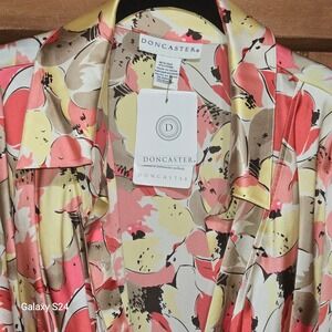 Doncaster Silk Blend Floral Wrap Blouse Plus Size 20W Coral Yellow Satin Top NWT